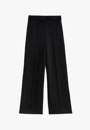 Pantalones de pierna ancha negros con cintura alta y detalles de costura en el frente, hechos de una tela lisa y estructurada.