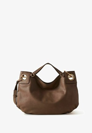 Brown leather handbag with single handle, gold ring accents on each side, and a detachable shoulder strap against white background.