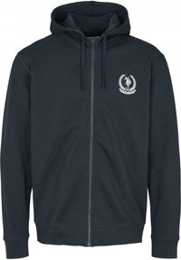 Felpa con zip blu navy realizzata in tessuto misto cotone, dotata di zip frontale, cappuccio con cordino e logo bianco sul lato sinistro del petto.