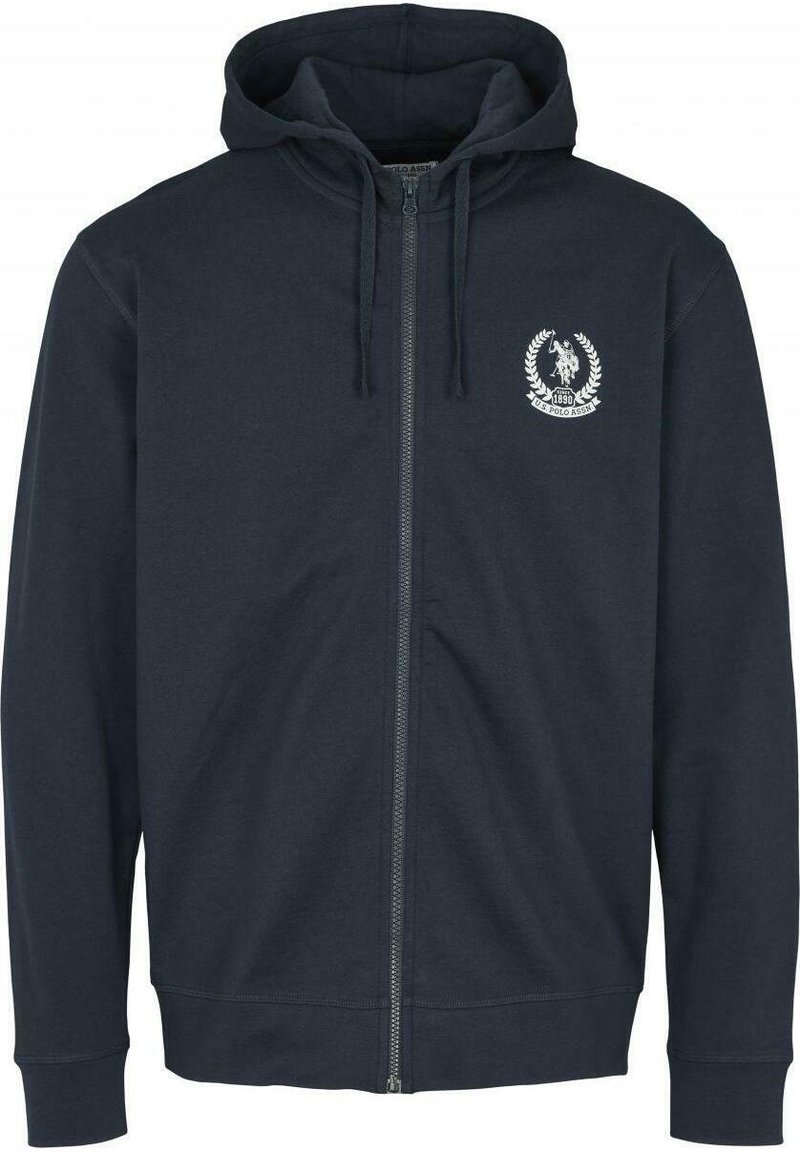 Felpa con zip blu navy realizzata in tessuto misto cotone, dotata di zip frontale, cappuccio con cordino e logo bianco sul lato sinistro del petto.
