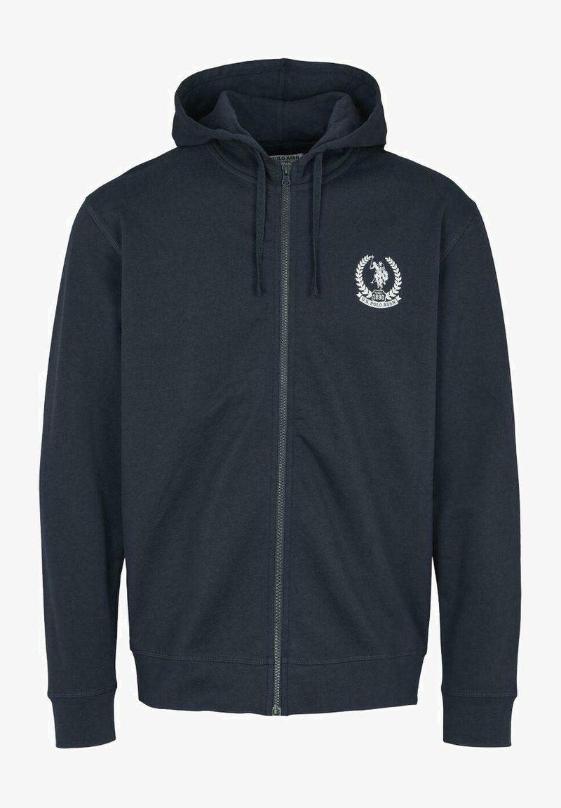 Felpa con zip blu navy realizzata in tessuto misto cotone, dotata di zip frontale, cappuccio con cordino e logo bianco sul lato sinistro del petto.