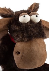 Brown plush moose toy with a soft, fuzzy texture. Notable features include large white eyes, brown ears, and a red collar.