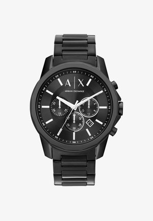 Zwarte Armani Exchange polshorloge met chronograafwijzers, datumvenster, zilveren uurmarkeringen en een metalen schakelsarmband.