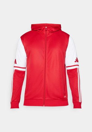 Red zip-up hoodie with white sleeves, three white stripes on each arm, smooth texture, and a hood. Features a branded accent on the sleeve.