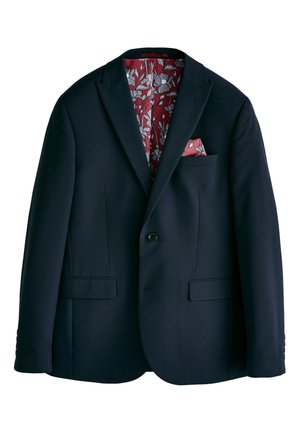 Marineblazer met twee voorzakken, sluiting met één knoop en een bloemenpatroon in rood als binnenvoering. Inclusief een bijpassende pochet.