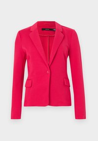 Blazer rose vif sur mesure avec manches longues, col à revers cranté, fermeture à boutons devant et deux poches à rabat.