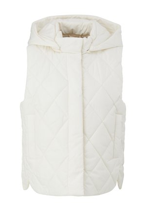 Cremefarbene, gesteppte ärmellose Weste mit hohem, gepolstertem Kragen und verdecktem Frontverschluss.