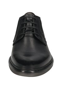 Schwarze, lederne Schnürhalbschuhe mit runder Zehenform und robuster Sohle, von der Vorderseite fotografiert.