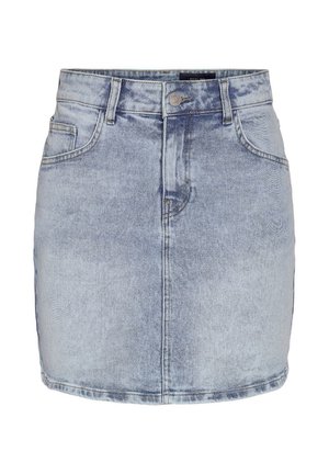 Fustă mini din denim bleu deschis, cu nasturi pe față, fermoar, găici pentru curea și două buzunare frontale pe un fundal alb.
