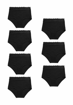 Zwarte hoog-taille onderbroek met een kantafwerking langs de tailleband, gemaakt van een zachte stof. Acht paar gerangschikt in twee rijen.