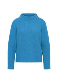 Blauer gestrickter Pullover mit hohem Kragen, langen Raglanärmeln und einem strukturierten Rippenmuster. Insgesamt kastige Form und einfarbig.