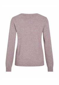 Hellpurpurener Pullover mit langen Ärmeln, gerippten Bündchen und Saum, weicher Textur und einem einfachen, runden Ausschnitt. Rückansicht angezeigt.