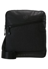 Borsa a tracolla nera con parte superiore liscia e fronte in tessuto testurizzato, presenta un compartimento principale con zip, una tasca frontale e una tracolla regolabile.