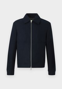 Navy blue men's wool jacket with front zipper, pointed collar, long sleeves, and side pockets on a white background.