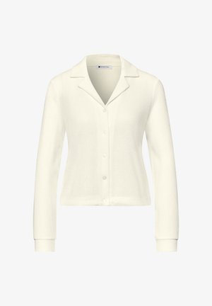 Hvid langærmet cardigan med knapper, krave, ribstrikkede manchetter og en lige kant, lavet af blødt strikstof.