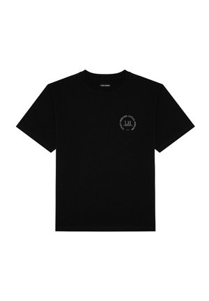 Black short-sleeve T-shirt with small white circular "Local Heroes" logo and "LH" text on the left chest.