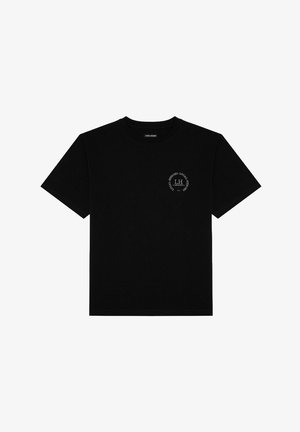 Black short-sleeve T-shirt with small white circular "Local Heroes" logo and "LH" text on the left chest.