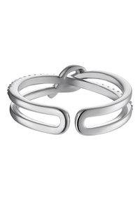 Bracciale in metallo argento con design aperto, caratterizzato da due fasce curve e una finitura liscia; decorato con piccole gemme trasparenti lungo un lato.