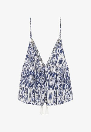 Bela in mornarsko modra vzorčasta bluzica z globokim V-izrezom, nastavljivimi naramnicami in slojevitimi volančki. Ima srebrne detajle in rese na robu.