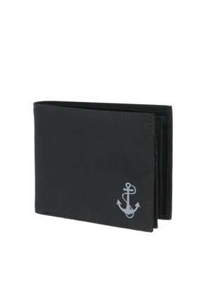 Portefeuille noir bifold avec un symbole d'ancre gris en bas à droite, partiellement ouvert sur fond blanc.