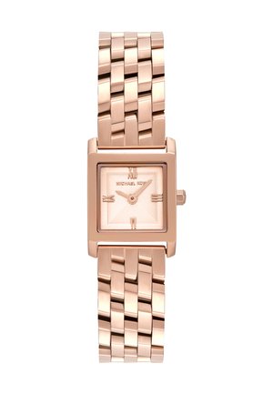 Reloj de pulsera cuadrado en oro rosa con correa de metal trenzado y marcadores con números romanos en las posiciones 12, 3, 6 y 9 en punto.