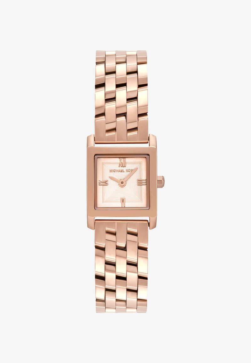 Roze gouden vierkant horloge met gevlochten metalen band en Romeinse cijfers op de posities 12, 3, 6 en 9 uur.