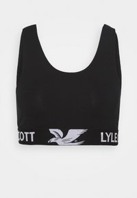 Sort cropped sports bh med brede stropper, rund halsudskæring, og et hvidt mærket elastikbånd med en fuglelogo. Blødt bomuldsmateriale.