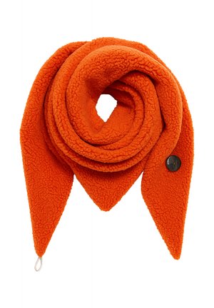 Oranger Fleece-Schal, mit einer weichen, strukturierten Oberfläche, spiralförmiger Form mit spitzen Enden und einem schwarzen Knopfdetail auf einer Seite.