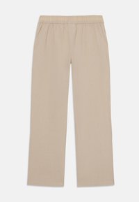 Pantaloni beige a gamba larga con vita elastica. Realizzati in tessuto leggero, presentano una consistenza liscia e una linea dritta.