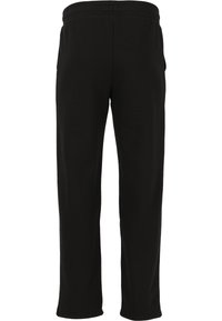 Svarta sweatpants i mjukt material, med elastiskt midjeband och två sidofickor. Rak byxdesign utan några ytterligare mönster.