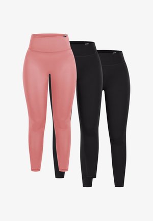 Tre paia di leggings: uno rosa e due neri. Realizzati in un materiale liscio e elasticizzato con un alto punto vita. Senza motivi o accentuazioni visibili.