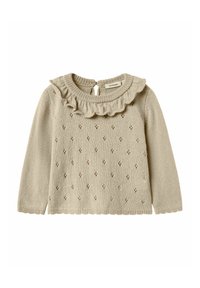 Pull en tricot beige à manches longues, col rond, col en volants et petits motifs floraux. Dispose d'une fermeture en forme de trou de serrure au dos et d'un ourlet côtelé.