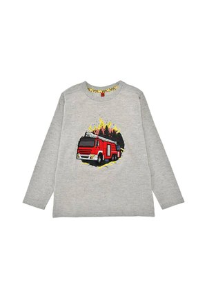 Grauer Langarm-Sweatshirt mit einem bunten Grafikmotiv eines Feuerwehrautos, umgeben von Flammen, aus weichem, strukturiertem Material.