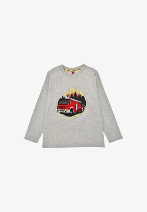 Grauer Langarm-Sweatshirt mit einem bunten Grafikmotiv eines Feuerwehrautos, umgeben von Flammen, aus weichem, strukturiertem Material.