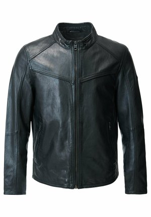 Black leather jacket with a high collar, zip closure, and seam detailing. Features two side pockets and a smooth, glossy texture.