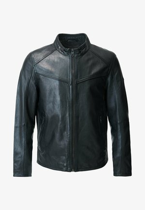 Črna usnjena jakna z visokim ovratnikom, zadrgo in šivi. Ima dve stranski žepk in gladko, sijajno teksturo.