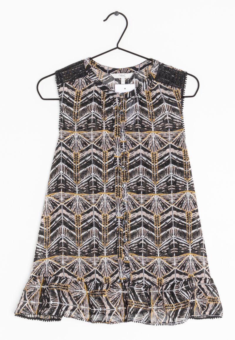 Sleeveless button-up dress with black, white, and mustard geometric pattern, lace shoulder details, and ruffled hem on black hanger.