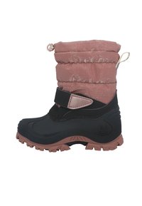 Bota impermeable en rosa y negro que presenta un upper de poliéster texturizado y suela de goma, con una correa de Velcro y parte superior ajustable para un ajuste seguro.