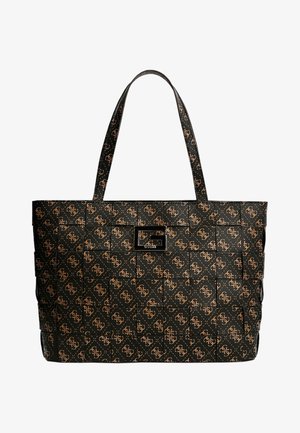 Sort shopper-taske med vævet mønster, der har gentaget brunt logodesign og en central metaldekoration med bogstavet G.