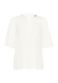 Blusa bianca con maniche corte a palloncino, con dettagli in pizzo sullo scollo e un'apertura a chiave sulla schiena. Tessuto liscio e leggero.