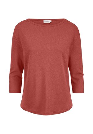 Damenshirt mit langen Ärmeln in Rostfarbe, mit rundem Ausschnitt und leicht gewelltem Saum, aus weichem Stoff gefertigt.
