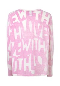 Hellrosa Pullover mit kräftigen weißen Textmustern. Weicher, bequemer Stoff, runder Ausschnitt und Raglanärmel. Der Saum ist leicht abgerundet.