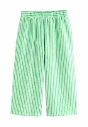 Hellgrüne Hose mit weitem Bein, vertikalen dunkleren grünen Streifen und einem elastischen Bund.