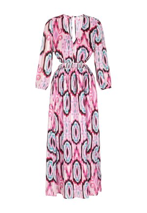 Long, pink-patterned dress with a V-neck, elastic waist, and long sleeves. Features a multicolored abstract design with accents of blue and black.