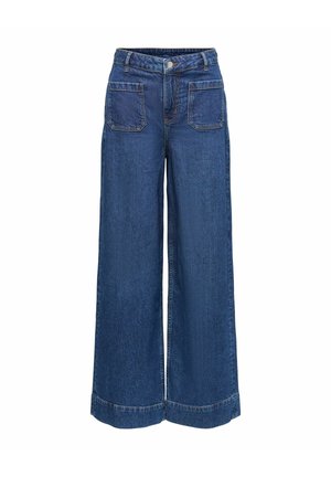 Jean bleu à jambes larges avec taille haute, bouton à l'avant et deux poches plaquées carrées devant.