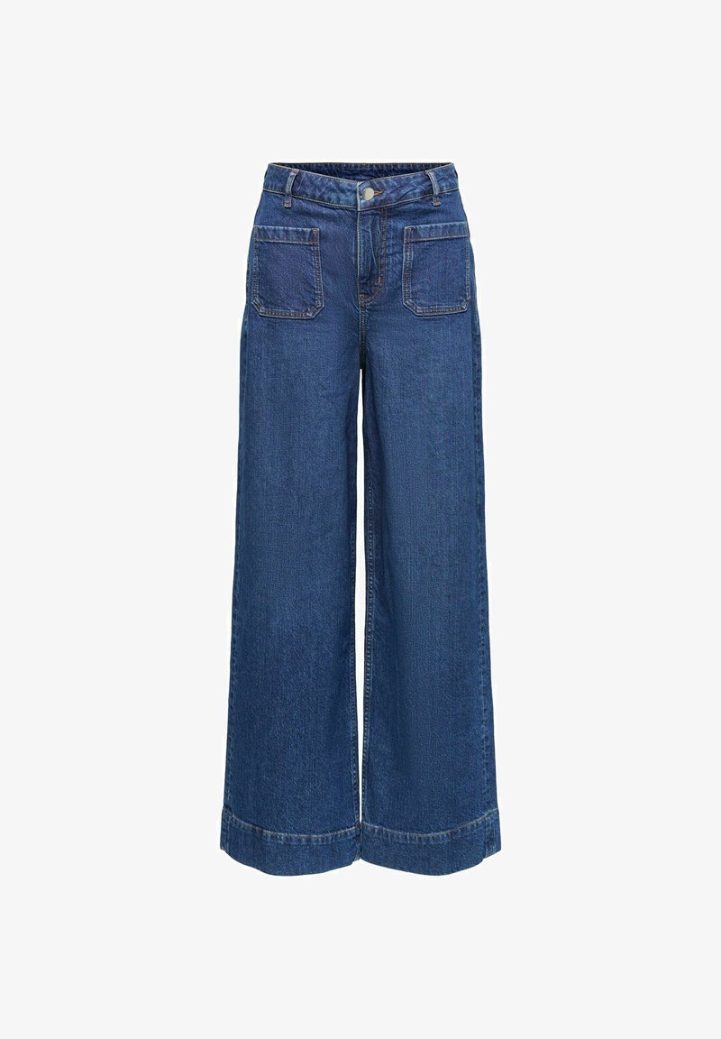 Jean bleu à jambes larges avec taille haute, bouton à l'avant et deux poches plaquées carrées devant.