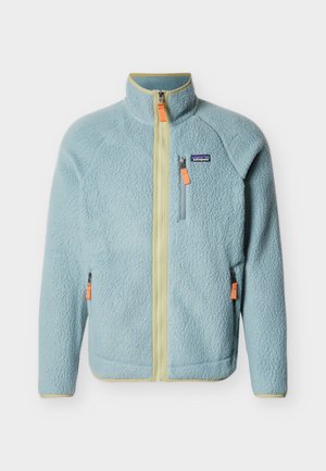Light blue fleece jacket with full yellow zipper, high collar, three zippered pockets with orange pull tabs, and Patagonia logo on chest.