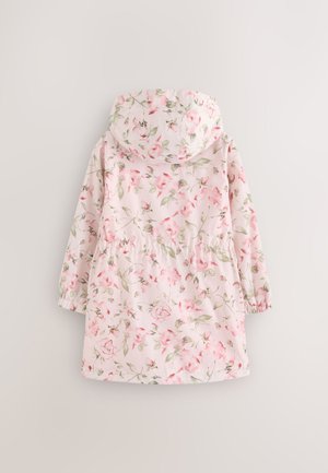 Imperméable rose à motif floral, doté d'une capuche, de poignets élastiques et d'une taille resserrée, confectionné dans un tissu léger et résistant à l'eau.