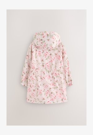 Rózsaszín virágmintás esőkabát kapucnival, elasztikus mandzsettákkal, deréknál húzott szabással, könnyű, vízlepergető anyagból.