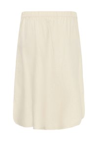 Jupe beige mi-genou avec taille élastique, coupe droite et tissu lisse.
